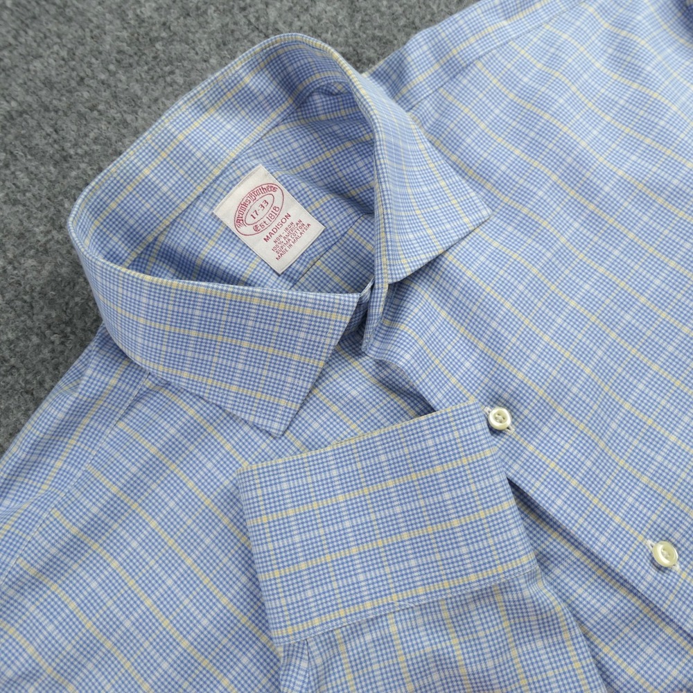 Brooks Brothers Shirt Men 17 33 Madison Windowpane Plaid Relaxed Fit Blue Yellow